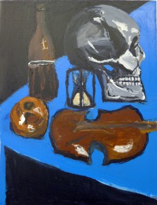 Wine Bottle, Skull, Rotting Orange, and a Violin With an Hourglass by James Pollard